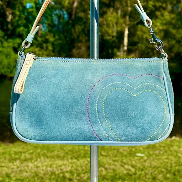 Coach Handbags - Coach Vintage Baby Blue Suede Leather Heart Stitched Demi Y2K Purse RARE 6732